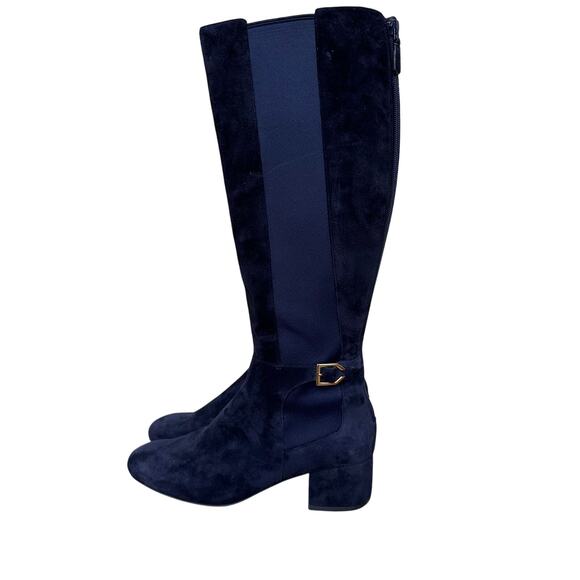 Cole Haan Navy Suede Knee High Stretch Boots Size 8B Block Heel - Picture 1 of 8